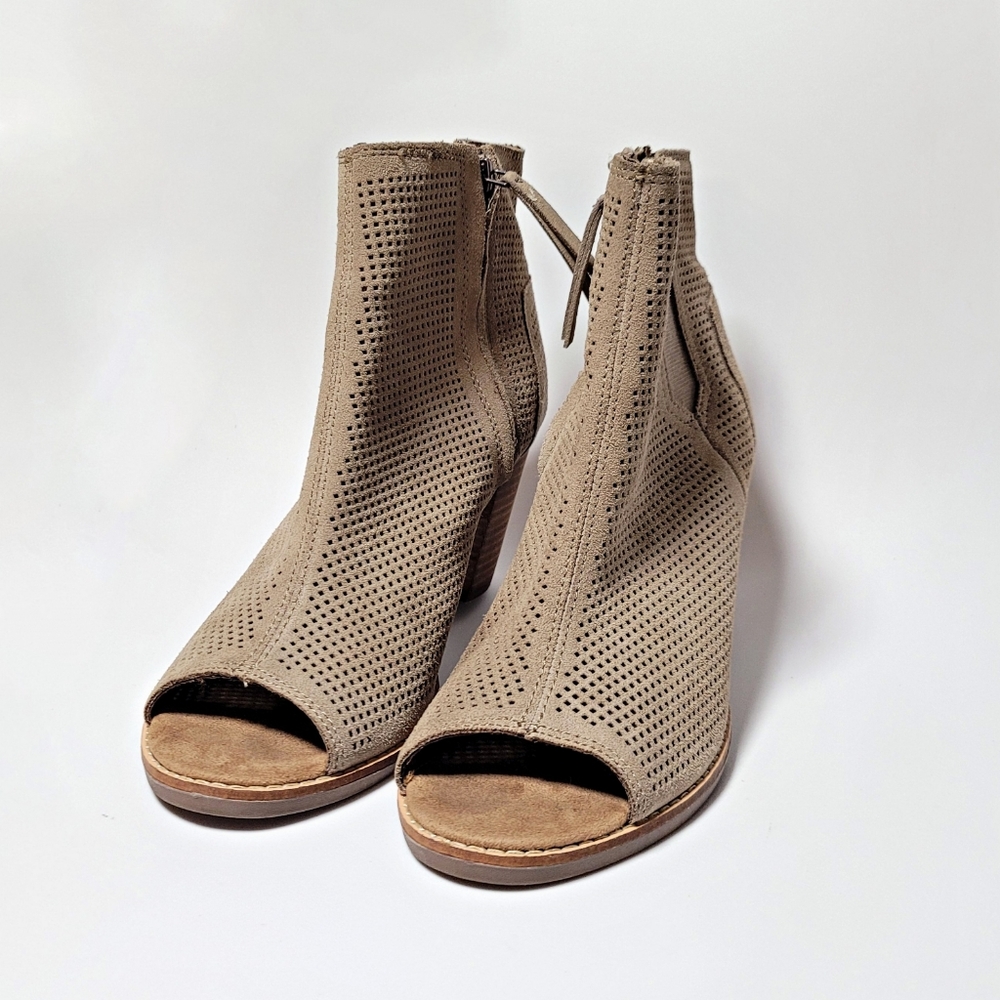 Toms Taupe Peep Toe Chunky Heel Booties